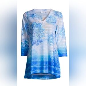 Time and Tru NEW Plus Size Blue Mandala Sublimation 3/4 Sleeve V- Neck Tunic Top